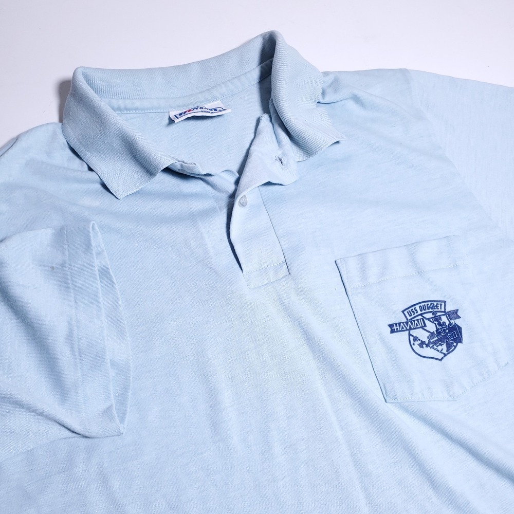 Vintage 80s Hanes Single Stitch Pocket Polo Shirt Mens Large USS Ouellet Hawaii